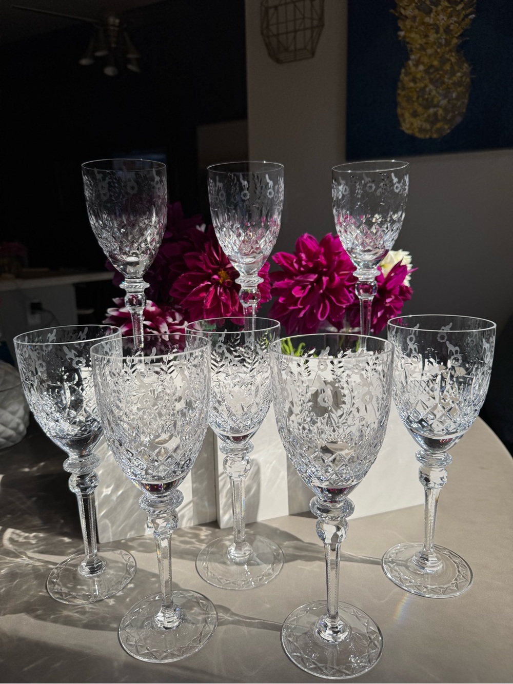 Rogaska Gallia Crystal Wine Goblets Set of 8 Floral Etched Cut 9½” -discontinued